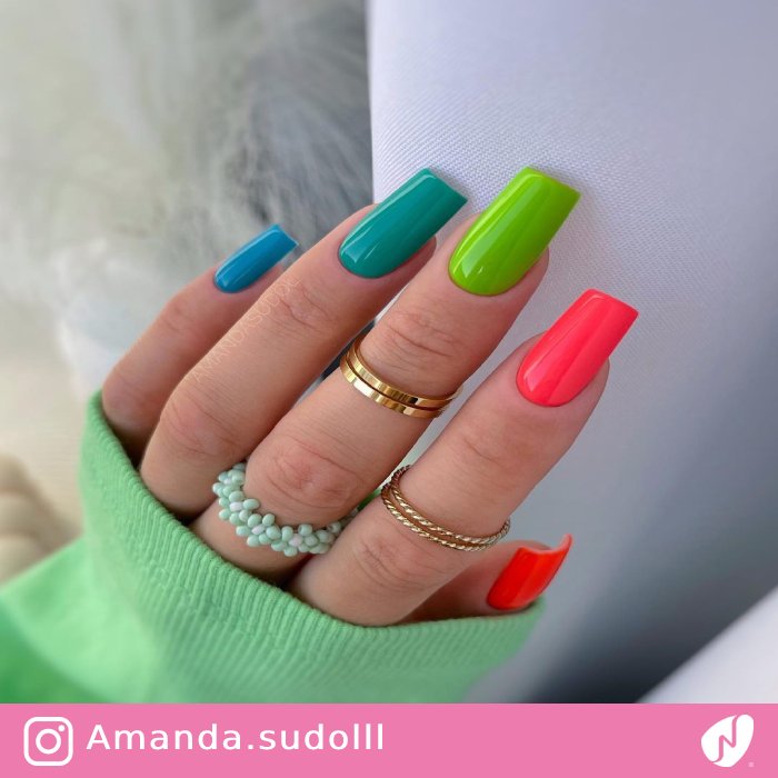 Rainbow Neon Square Nails